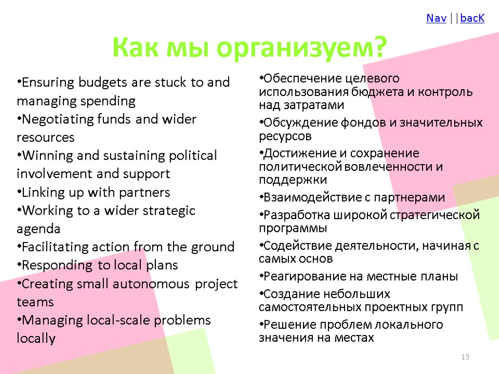 Как мы организуем? Ensuring budgets are stuck to and managing spending Negotiating funds and